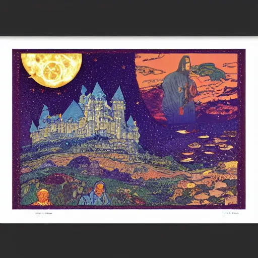 Image similar to stone castle, starry sky detailed ivan bilibin and edmund dulac and ilya kuvshinov and katsuhiro otomo inspired print