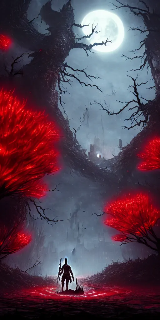 Image similar to abandoned bloodborne old valley with a person at the centre and a dragon at the end, trees and stars in the background, falling red petals, epic red - orange moonlight, perfect lightning, illustration by niko delort and kentaro miura, 4 k, ultra realistic