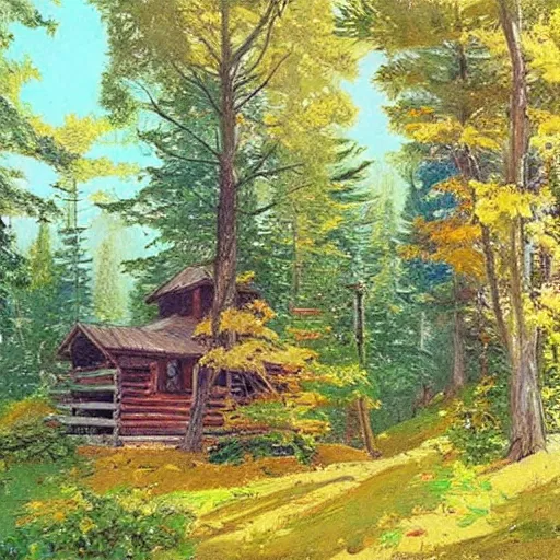 Prompt: a cabin on a small hill surrounded by colorful trees, drawn by colin campbell cooper