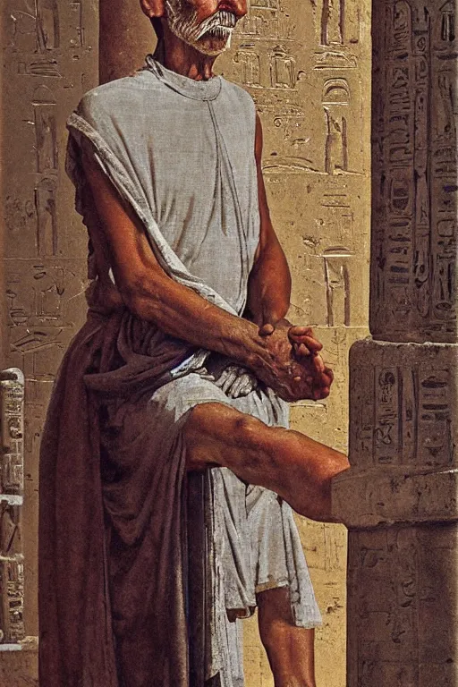 Image similar to a closer personal portrait of a a very old egyptian temple priest with very piercing eyes, very charismatic. in the old ancient temple of luxor. masterpiece, dark. painted by norman rockwell and james gurney