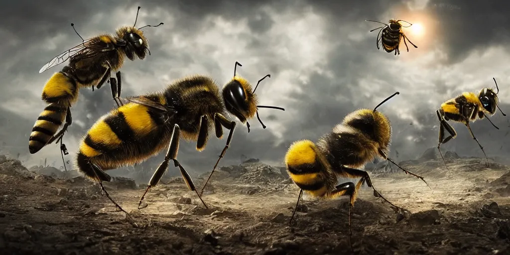 Image similar to Bumblebees going to war again praying mantises, realistic 4k octane beautifully detailed render, 4k post-processing, highly detailed, intricate complexity, epic composition, magical atmosphere, cinematic lighting, masterpiece, ultra hd