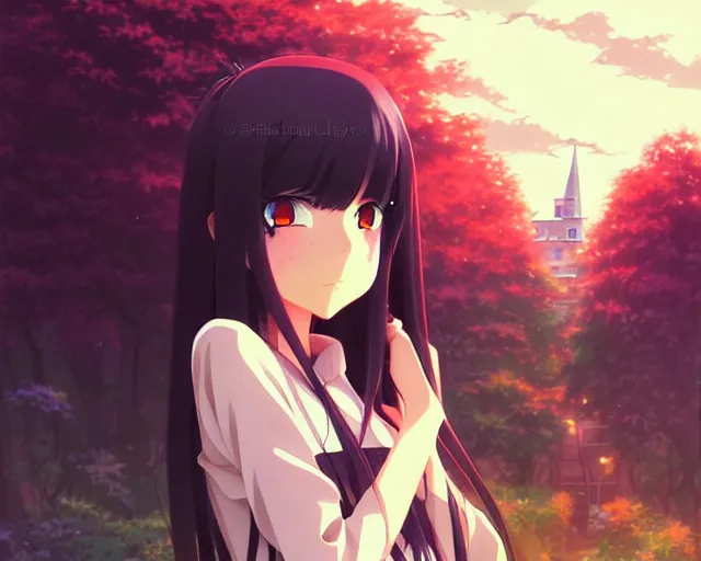 Image similar to beautiful anime girl with long black hair and bangs, red eyes, fine details portrait, village in the background, bokeh. anime masterpiece by Studio Ghibli. illustration, sharp high-quality anime illustration in style of Ghibli, Ilya Kuvshinov, Artgerm