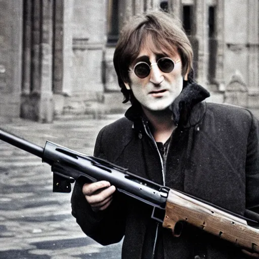 Prompt: john lennon looking down a sniper rifle, city background, photography, high quality, 8 k,