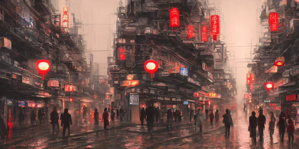 Image similar to china style, small building, city, street view, science fiction, cyberpunk, rain day, wide angle, full of people, moon, a lot of lights, cinematic lighting, high detail, digital painting, concept art, illustration, smooth, sharp focus, trending on artstation, trending on deviantart, 4 k