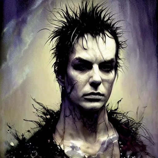 Image similar to stunning portrait of gaunt sid vicious a ( the cure fan ) as dream from sandman, dim stars as eyes, by jeremy mann, by cedric peyravernay, by by russ mills, by richard avedon and ben templesmith, dramatic lightning, sadness, dark eye sockets, in the shadows, punk rock, gothic, high detailed, 8 k