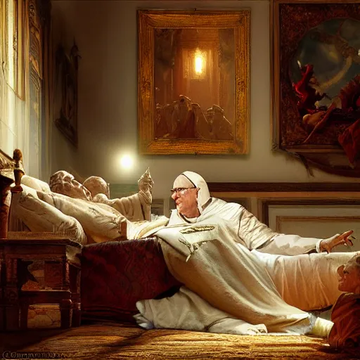 Image similar to the pope is in his bed, scared, because a horned demon is attacking the pope. highly detailed painting by gaston bussiere, greg rutkowski, craig mullins 8 k