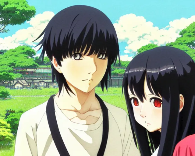 Image similar to beautiful anime girl with long black hair and bangs, two beautiful anime guys with black hair, wearing black clothes, siblings, fine details portrait, Japanese village background, bokeh. anime masterpiece by Studio Ghibli. illustration, sharp high-quality anime illustration in style of Ghibli, Ilya Kuvshinov, Artgerm