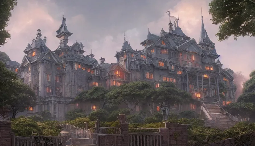 Image similar to A highly detailed matte painting of the huge haunted mansion at the top of the hill, by Studio Ghibli, Makoto Shinkai, by Artgerm, by WLOP, by Greg Rutkowski, volumetric lighting, octane render, 4K resolution, trending on artstation, masterpiece