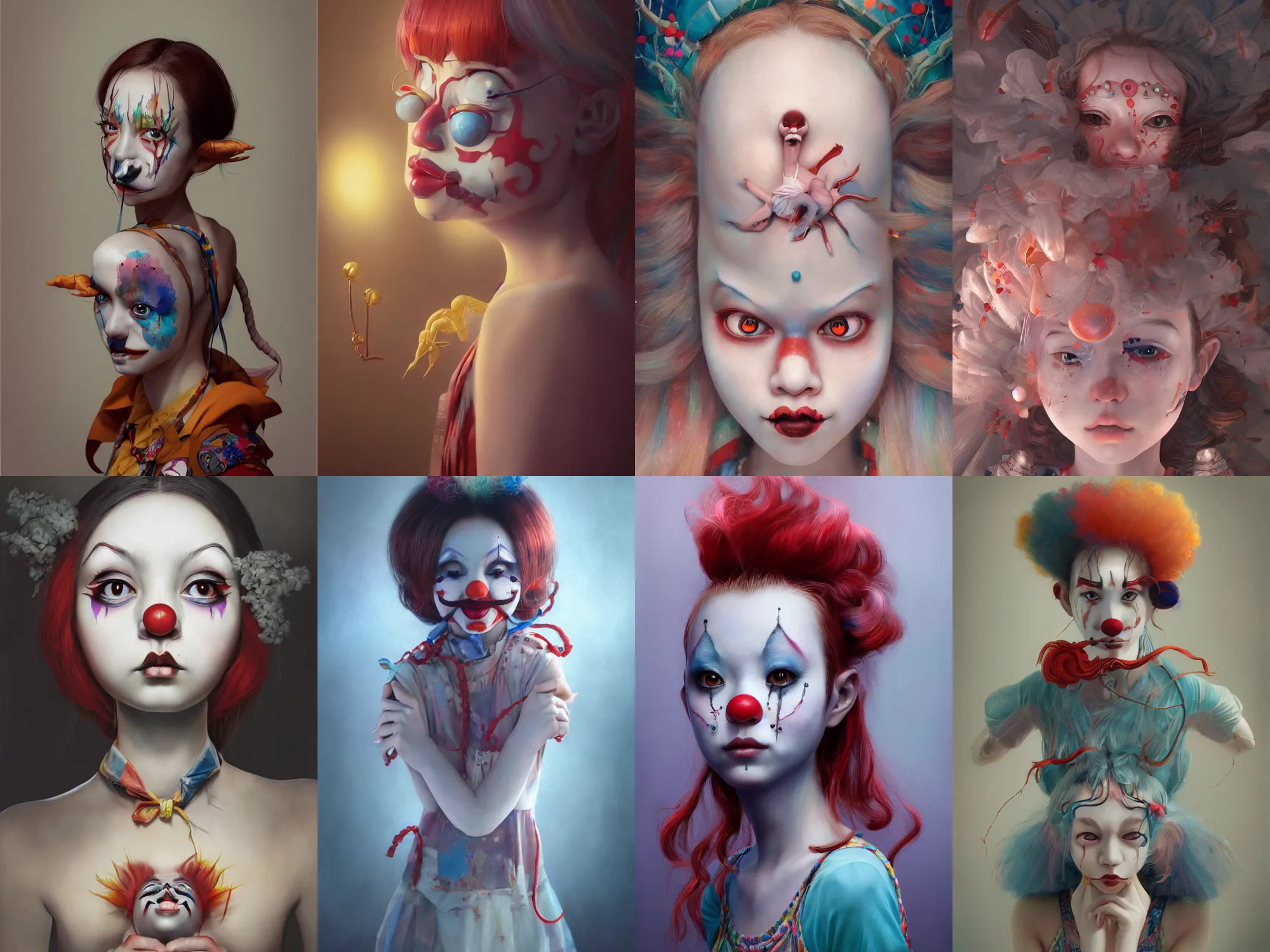 Image similar to breathtaking detailed painting of clown girl , with anxious, piercing eyes, Atari game cover art by Hsiao-Ron Cheng, James jean, Miho Hirano, Hayao Miyazaki, extremely moody lighting, hyperrealistic, octane render, RPG portrait, ambient light, dynamic lighting