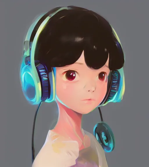 Image similar to beautiful little girl character inspired by 9 0's fashion and by madeline from celeste, art by rossdraws, wlop, ilya kuvshinov, artgem lau, sakimichan and makoto shinkai, concept art, headphones, anatomically correct, very coherent, realistic