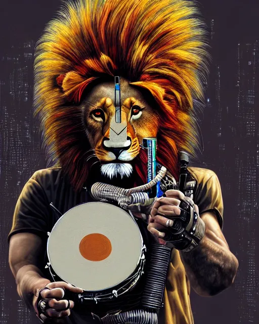 Image similar to a portrait of an anthropomorphic cyberpunk lion playing the snare drum with drumsticks by sandra chevrier, by jon foster, detailed render, tape deck, epic composition, cybernetics, 4 k realistic, cryengine, realistic shaded lighting, sharp focus, masterpiece, by enki bilal