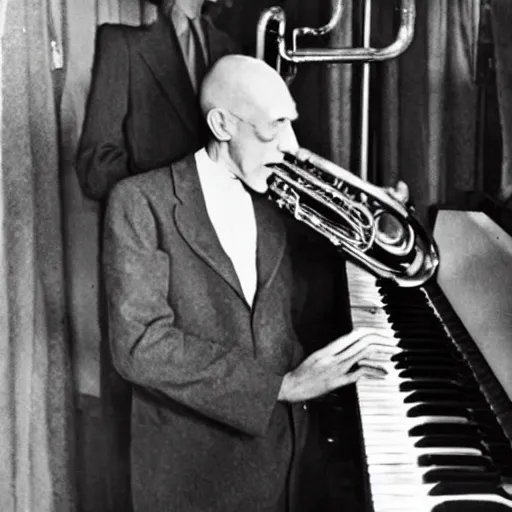 Image similar to photo of squidward from inside a 1 9 3 0's jazz ensemble