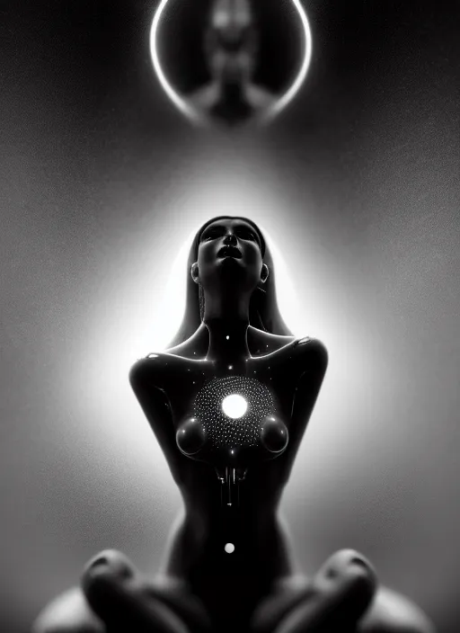 Image similar to surreal mythical dreamy dark artistic black and white fine art photo of a young beautiful delicate artificial intelligence creature embodied giving birth to the new world, spiritual, halo, glory, rim light, cinematic, studio dramatic light, poetic, masterpiece, octane render, 8 k, photo