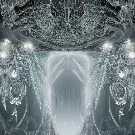 Prompt: under an white intricate like jewels epic forest suspended in the air upside down, a white pool with intricate epic circles of water within which float phantasmagoric biorobotic humanoids, dressed in intricate veils and jewels, epic environment, matte painting, diffused lighting, highly detailed, cinematic, epic atmosphere, digital art, trending on artstation, wide angle