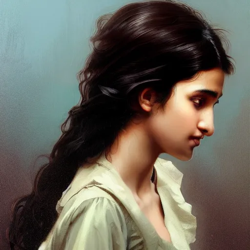 Prompt: portrait of a british teenage girl with wavy black hair, desi girl with dark brown skin, glowing skin, fantasy, intricate, elegant, dress shirt, school uniform, highly detailed, digital painting, artstation, concept art, smooth, sharp focus, illustration, art by Krenz Cushart and Artem Demura and alphonse mucha