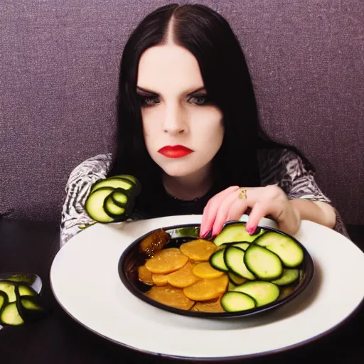 Image similar to goth girl eating plate of pickles