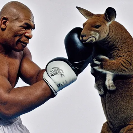 Image similar to Mike Tyson boxing with a kangaroo, realistic, 8K, award winning