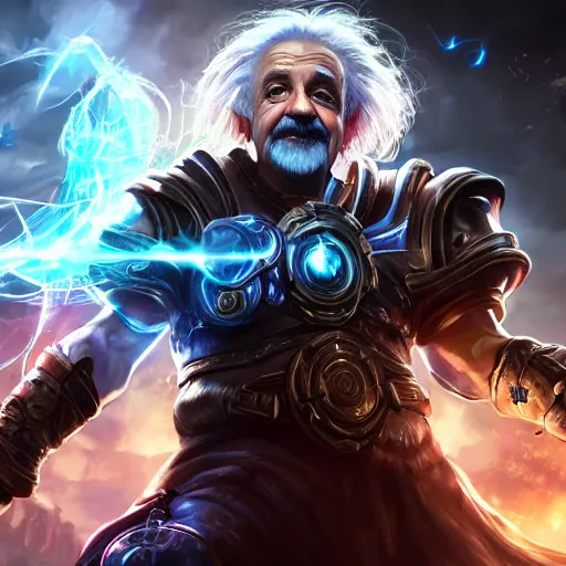 Image similar to Portrait of Albert Einstein as a spellcaster, League of Legends amazing splashscreen artwork, Gears of War, splash art,natural light, elegant, photorealistic facial features, intricate, fantasy, detailed face, atmospheric lighting, anamorphic lens flare, cinematic lighting, league of legends splash art, hd wallpaper, ultra high details by Greg rutkowski