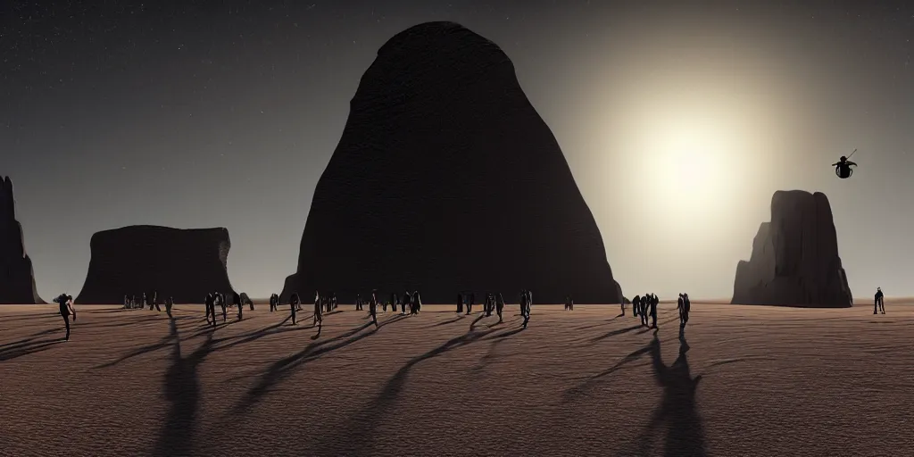 Image similar to an enormous alien black monolith in the desert, a large line of people are walking toward it in a line! starting at the foreground and ending at the building, single file, in the foreground on a rock is an alien creature catching a fly with its tongue, two suns are in the sky, clear skies, volumetric light, hyperdetailed, artstation, cgsociety, 8k