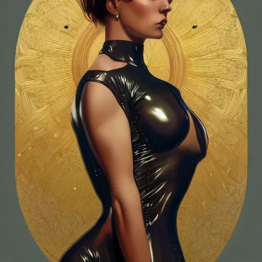 Image similar to full body portrait of addison rae wearing a latex suit, intricate, elegant, highly detailed, digital painting, artstation, smooth, sharp focus, illustration, art by artgerm and greg rutkowski and alphonse mucha, 8 k