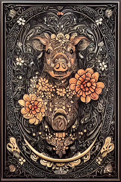 Image similar to Painted dark-wood panel relief carving of the close up of a Flowerpunk Pig, ornate border frame, explosion of colorful flowers, dark wood, intricately carved, black ink, festival of rich colors, intricate details, cinematic lighting, volumetric lighting, post-processing, art nouveau, tarot, fractal art, mandala, by andreas rocha and john howe, and Martin Johnson Heade, featured on artstation, featured on behance, golden ratio, hyper detailed, photorealistic, epic composition, center spotlight, f32, well composed, symmetrical, UE5, 8k