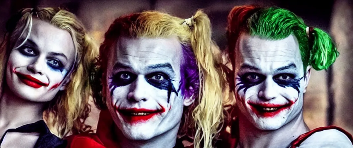 Prompt: heath ledger as the joker and margot robbie as harley quinn, posing shot, cinematic, ultra realistic, low lighting