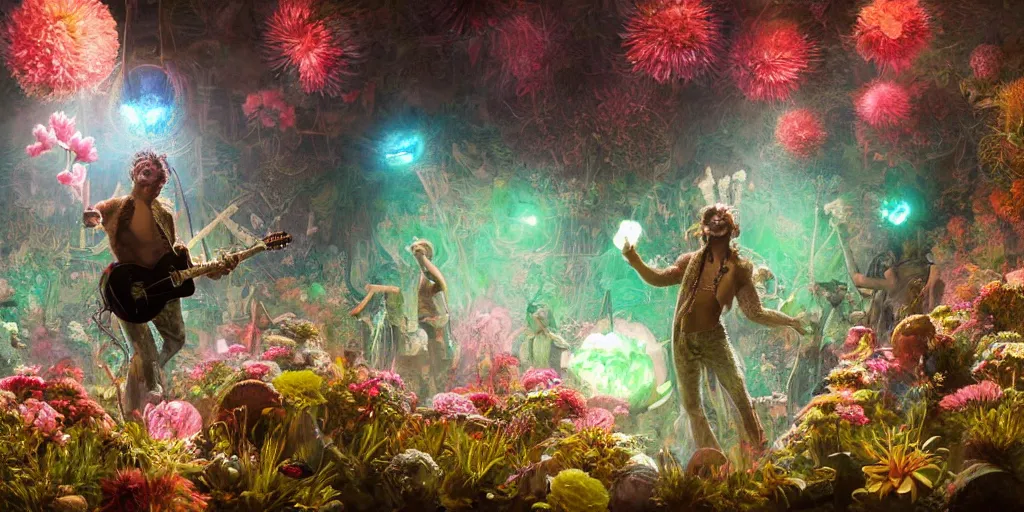 Prompt: digital artwork of anthromorphic sea urchin male, rock band, performing on stage full of beautiful flowers, guitar, advanced stage lighting, audience under stage waving green glow sticks, concept art, 8 k, by greg rutkowski, gaston bussiere, 3 d vray render, craig mullins, high detail, cinematic, ue 4, unreal engine