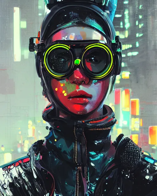 Image similar to detailed portrait neon guard girl with goggles seen from the back, cyberpunk futuristic, reflective puffer jacket, black leggings, decorated with traditional ornaments in front of a dystopian street with piles of garbage by ismail inceoglu dragan bibin hans thoma, perfect face, fine details, realistic shaded, fine - face, pretty face