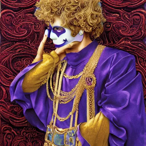 Prompt: Prince wearing venetian mask portait, ornate, flowing velvet robes, illustration by Michael Whelan and Pete Lyon, fantasy art, visionary art, acrylic painting, smooth blending