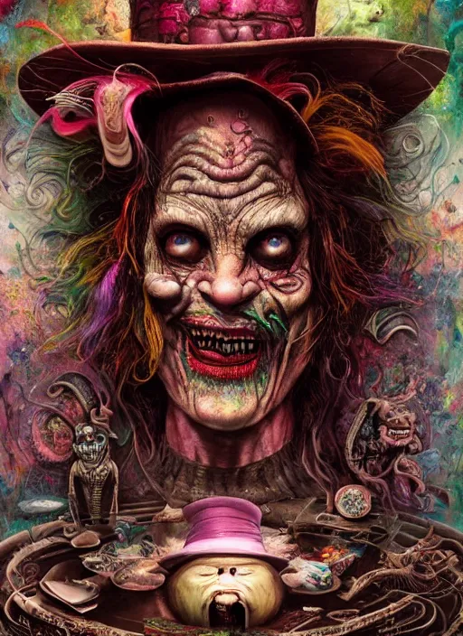 Image similar to mad hatter, mayan god, alien, highly detailed, cinematic, 8 k, by megan duncanson, benjamin lacombe, adrian borda, stanley artgermm, tom bagshaw, craig mullins, carne griffiths, ayami kojima, beksinski, giger, trending on deviantart, hyper detailed, horror, full of colour