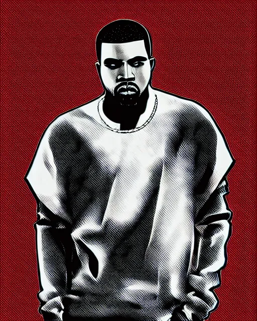 Image similar to Manga black-and-white cross hatching comic book illustration of Kanye West on red background