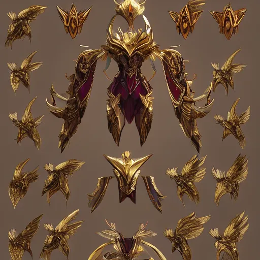 Prompt: cinematic, hyperdetailed league of legends azir armor metroid ravenbeak fanart gold armored bird wings regal gold sunray shaped crown, warframe, destiny, octane ref sheet