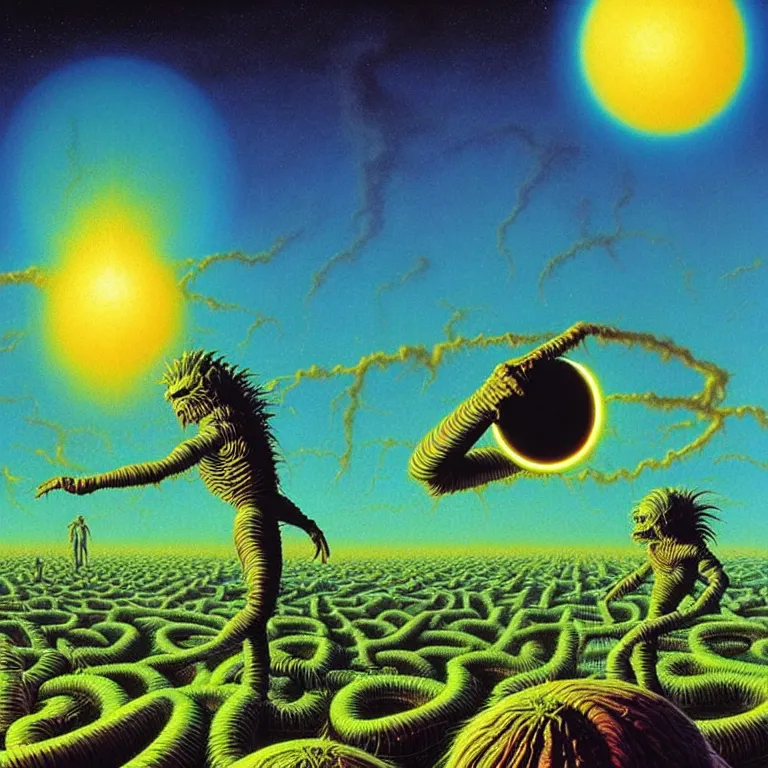 Image similar to eyeball in palm over glowing fields of infinite quantum ghosts, synthwave, bright neon colors, highly detailed, cinematic, tim white, vladimir kush, philippe druillet, roger dean, bob eggleton, michael whelan, boris vallejo, alfred kelsner, kubrick, jaroslaw jasnikowski