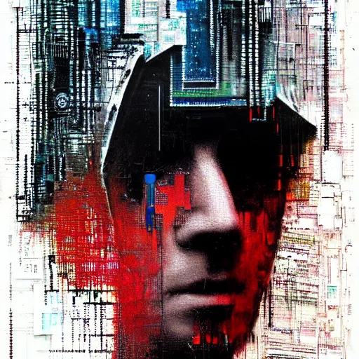 Image similar to portrait of a hooded character wearing a cyberpunk visor, digital ui, by Guy Denning, by Johannes Itten, by Russ Mills, glitch art, hacking effects, glitch effects, chromatic, color blocking, oil on canvas, concept art, abstract