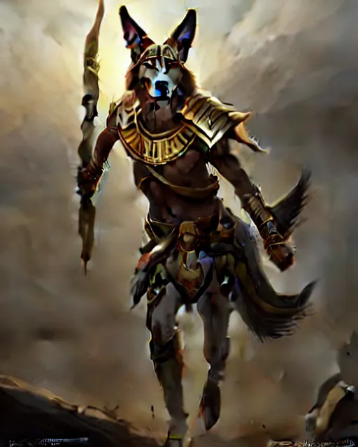 Prompt: nasus the armored egyptian anubis white and brown border collie warrior from videogame league of legends the armored egyptian collie warrior with the face of a white and brown border collie, full body armor, in action attack pose, highly detailed, artstation, cinematic character, by greg rutkowski and charlie bowater