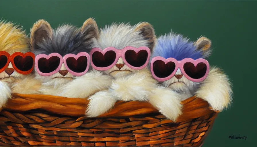 Image similar to highly detailed painting of cute furry furbys wearing shades cuddling up in a basket by william turner, thick brush strokes and visible paint layers, 4 k resolution