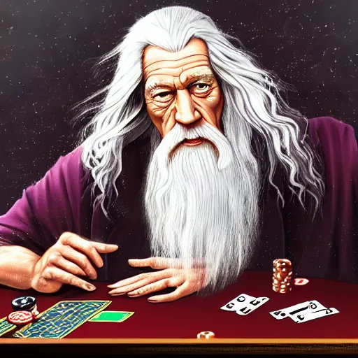 Image similar to gandalf playing poker, casino, highly detailed, digital art