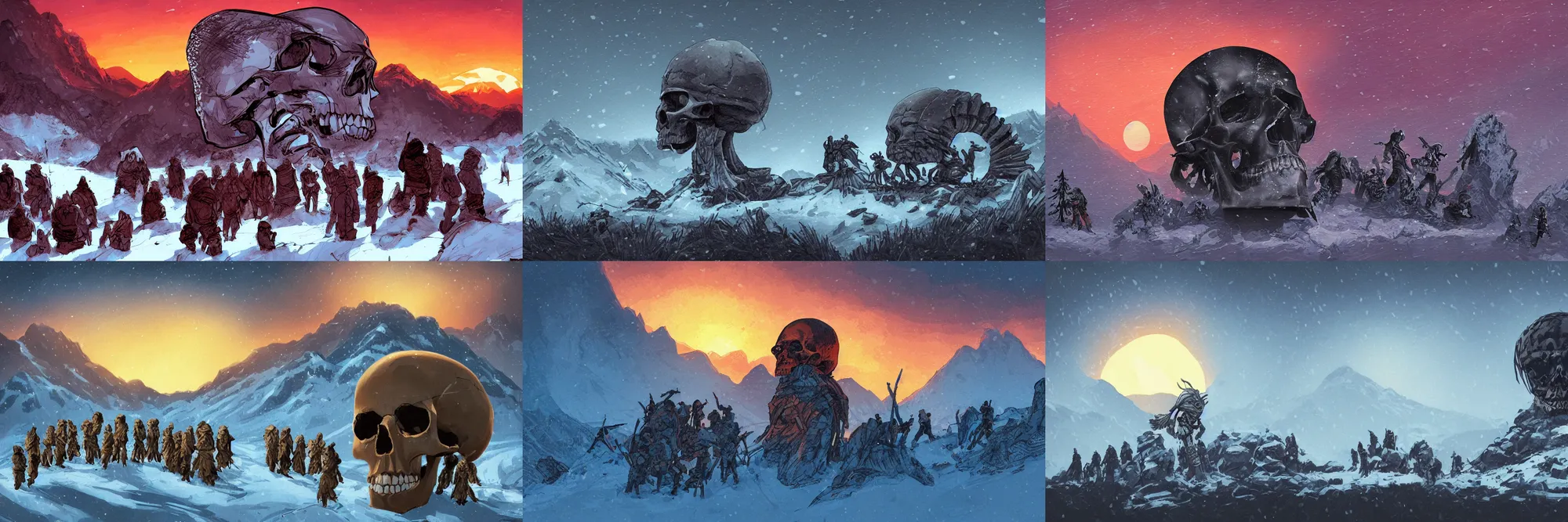 Prompt: Giant skull in the mountains, warriors gathered around it, snowstorm, sunset, in the style ghostshrimp and laurie greasley