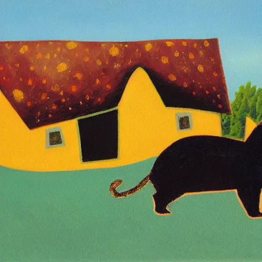 Image similar to golden cat with a black spot on her trunk, an old house with a window over a hill, blue sky, oil painting