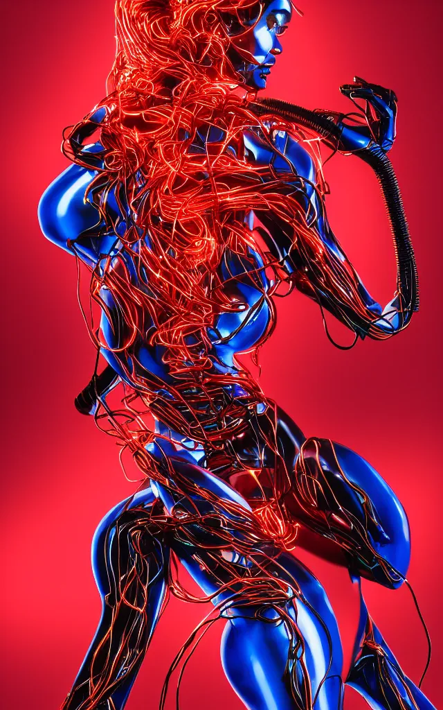 Prompt: beauty woman made of electrical wiring, red, black, green, blue wires, , very detailed, dramatic lighting, mechanical details, back facing, electrical details, high details, 4k, 8k, trending on artstation, by Hajime Sorayama and Boris Vallejo