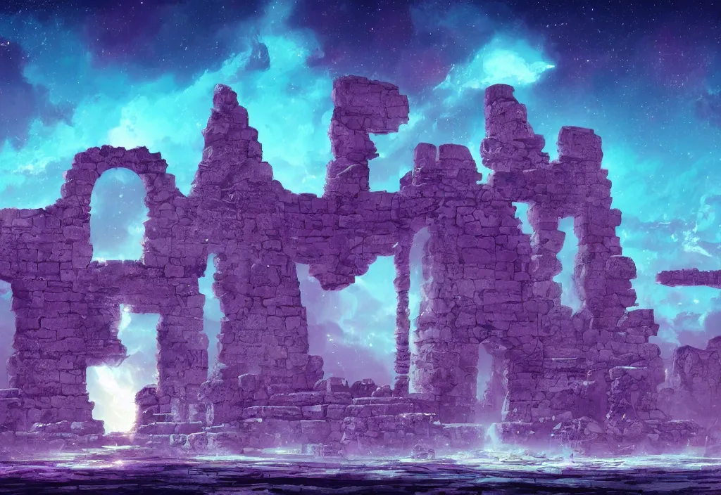 Image similar to ancient ruins in the universe, epic retrowave art, trending on art station