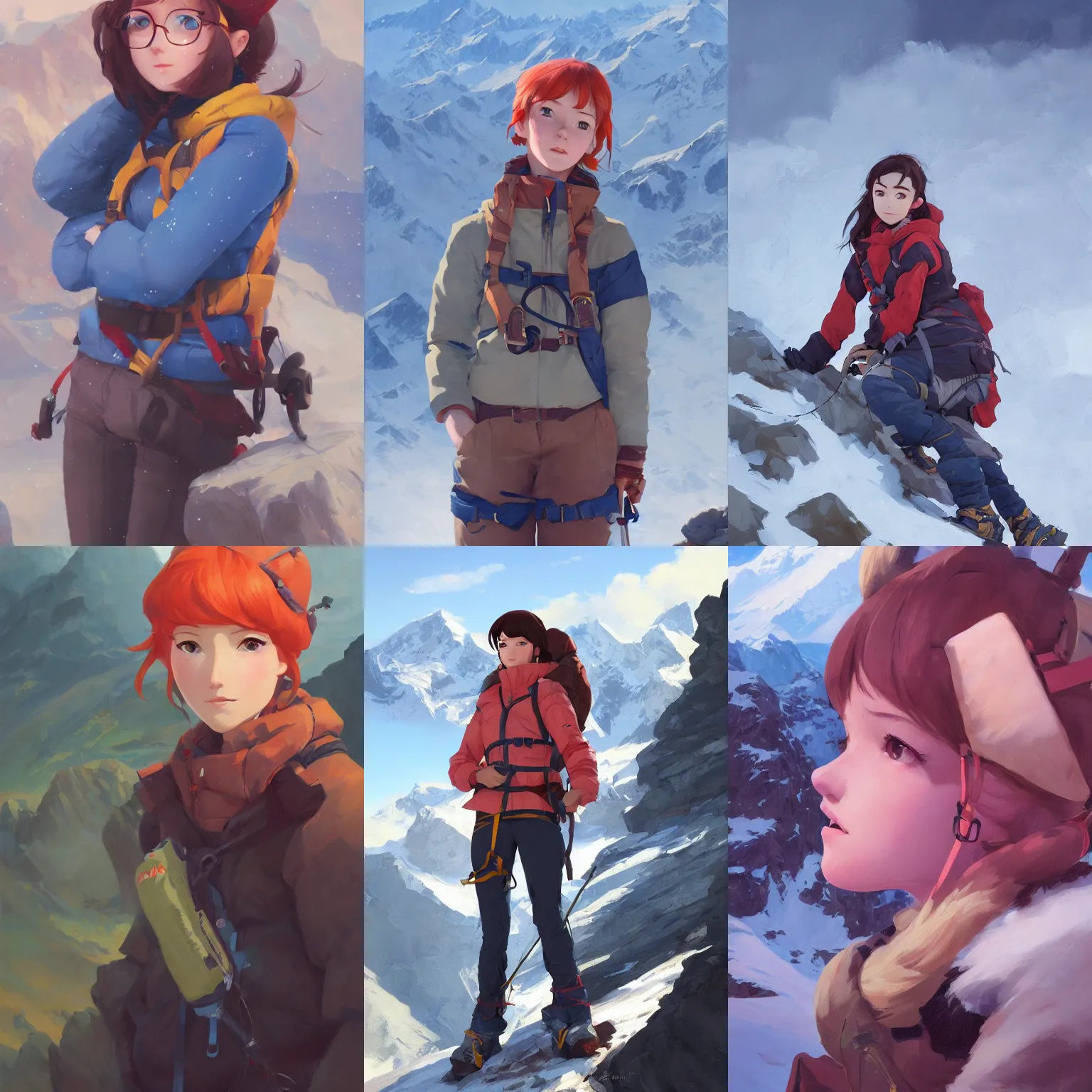 Prompt: a portrait of a cute female mountaineer, outdoors setting, vivid colors, soft lighting, atmospheric, cinematic, moody, in the style of Ilya Kuvshinov and Range Murata, Krenz Cushart, rule of thirds, oil on canvas, 8k