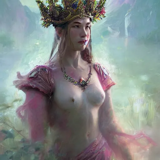 Image similar to Lotus floral crown girl, pink Lotus queen, epic fantasy style art by Craig Mullins, fantasy epic digital art, epic fantasy card game art by Greg Rutkowski