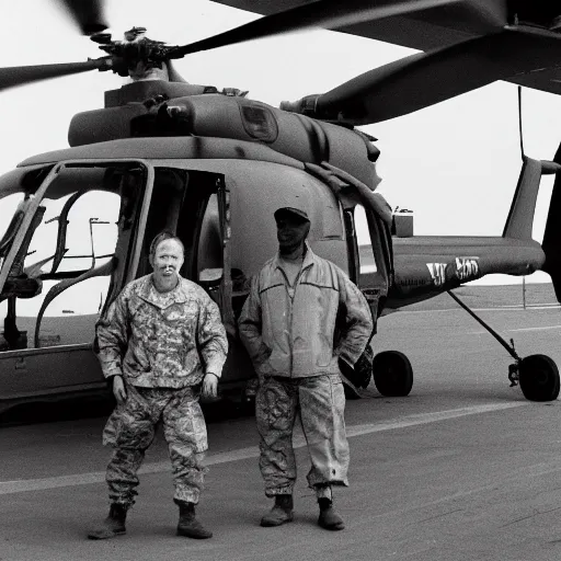 Prompt: closeup 3 5 mm film uhd 8 k photograph of middle aged caucasian men in camo unloading cargo from a black military 1 9 8 2 helicopter at a top secret military base in antarctica