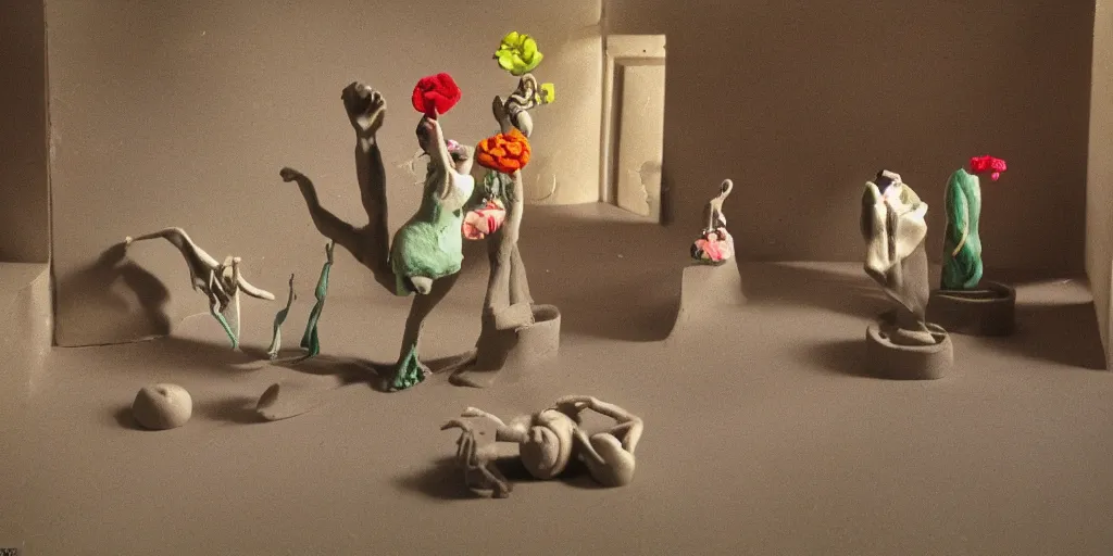 Prompt: plasticine sculpture stop motion. salvador dali clay models. gallery paintings of flowers. water on floor visitors. room with a small hole in wall. john craxton. high detail. photorealistic