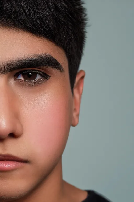 Prompt: close up headshot of an effeminate hispanic teen boy with medium length straight black hair brown eyes and a diamond shaped face, high resolution film still, 8k, HDR color
