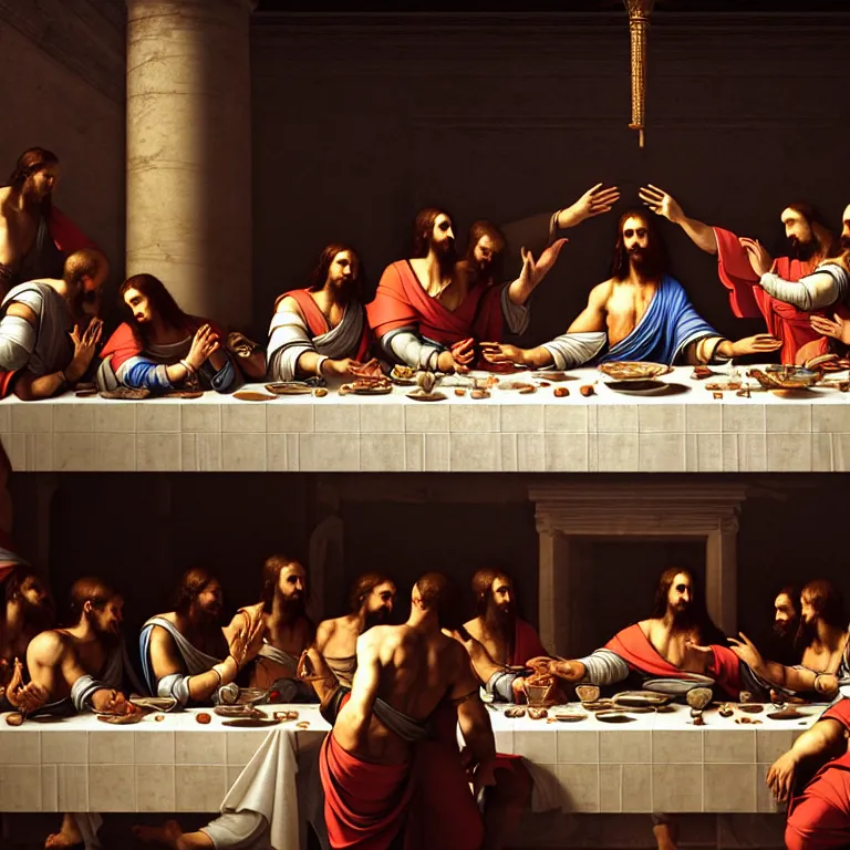 Image similar to The last supper in ancient egypt, dream-like atmosphere, symmetrical baroque painting, perfect composition, beautiful detailed intricate insanely detailed octane render trending on Artstation, 8K artistic photography, photorealistic, soft natural volumetric cinematic perfect light, chiaroscuro, award-winning photograph, masterpiece, Raphael, Caravaggio, Greg Rutkowski, Beeple