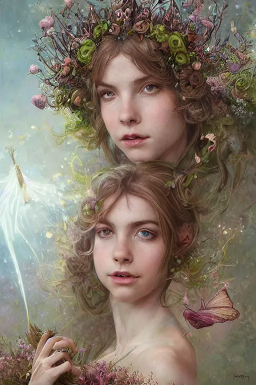 Prompt: upper body portrait shot of mckenna grace as titania, summer queen. faerie queen. queen of light., highly detailed, digital painting, artstation, concept art, soft focus, depth of field, artgerm, tomasz alen kopera, peter mohrbacher, donato giancola, wlop, boris vallejo