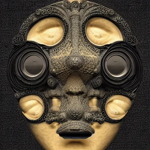 Prompt: mask of god made of black iron stone, symmetrical in the center, mandelbulb fractal, fractal in the middle, warlock face, awakens black background, ultra - detail,