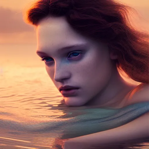 Prompt: photographic portrait of a stunningly beautiful siren renaissance female, underwater, in soft dreamy light at sunset, contemporary fashion shoot, by edward robert hughes, annie leibovitz and steve mccurry, david lazar, jimmy nelsson, extremely detailed, breathtaking, hyperrealistic, perfect face, octane render